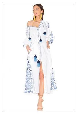 European and American vintage ethnic V-neck embroidery Tassels in the long section of the dress