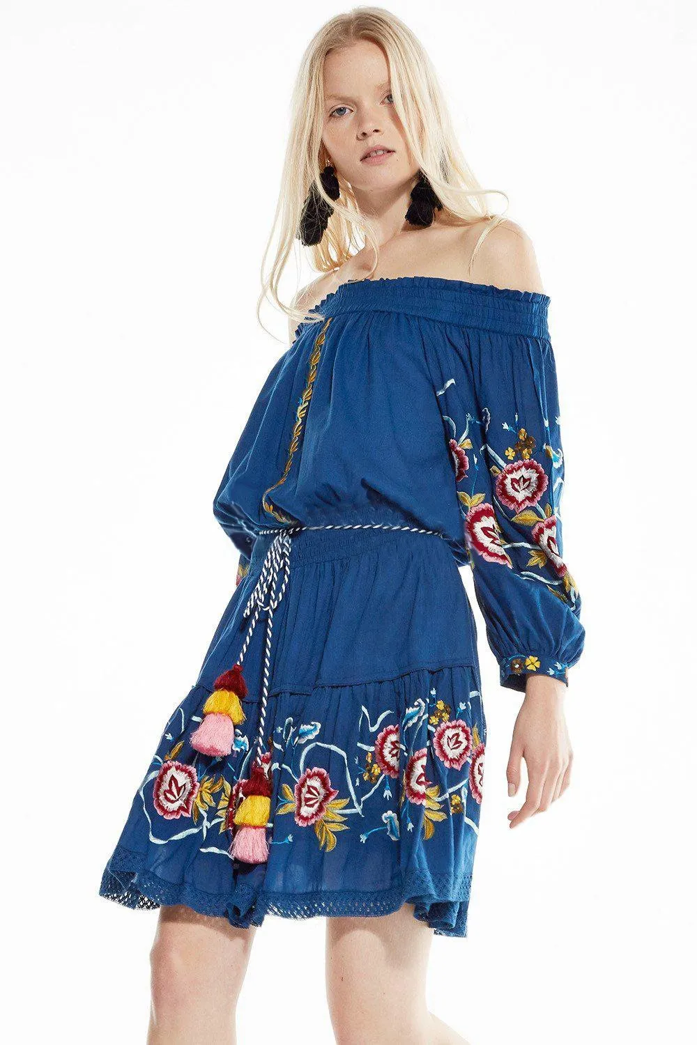 Shoulder-off Bohemian stripes heavy geometric embroidery tassels Blue dress